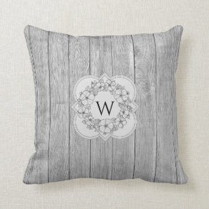 Almofada Quatrefoil Monograma Cinza Floral de Wreath Madeir