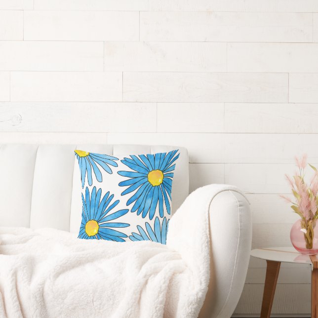 Almofada Quatro Flores de Caneta Azul e Aster de Aquarela (Sofá)