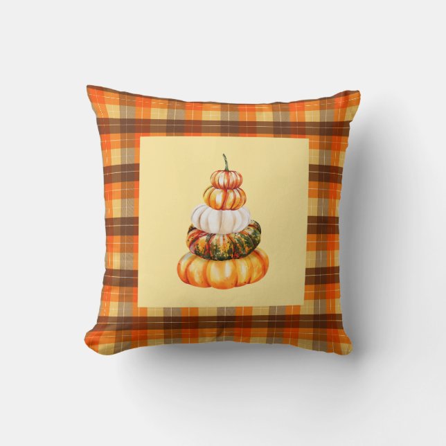 Almofada Queda Farmhouse Pumpkins e Xadrez de Orange Brown (Frente)
