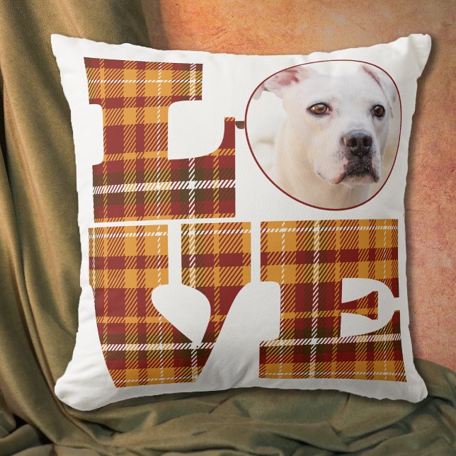 Almofada Quente Laranja Vermelho Xadrez Vermelho Amarelo Am (Orange Red Brown Plaid Love Saying Photo Pillow with Pet or Family Member Photo)