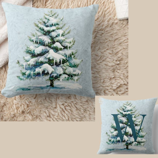 Almofada Quic Winter Watercolor Snowy Spruy Tree Monograma (Criador carregado)