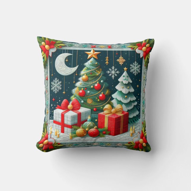 Almofada Quilt Look Christmas Scene Decorated Trees  (Frente)