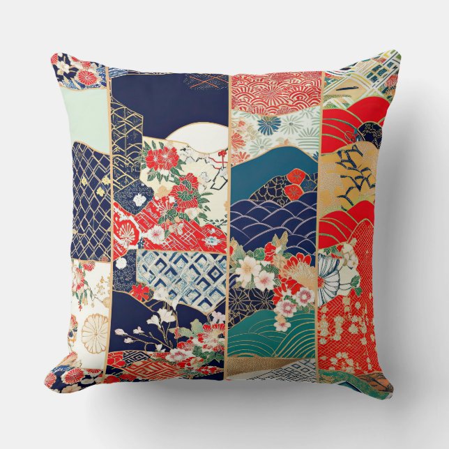 Almofada Quimono Japonês Vintage Brilhante em Patchwork (Frente)