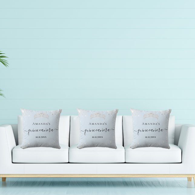 Almofada Quinceanera baby blue prata glitter tiara name (Criador carregado)