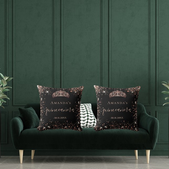 Almofada Quinceanera black rosa gold tiara name script (Criador carregado)