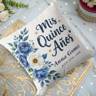 Almofada Quinceanera Blue Rosa Personalizado Mis Quince Ano