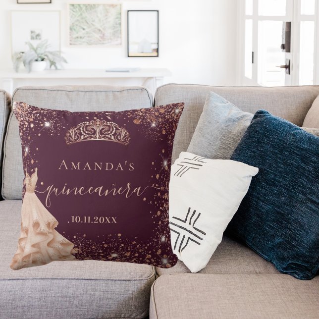 Almofada Quinceanera burgundy rosa gold tiara nome do vesti (Criador carregado)