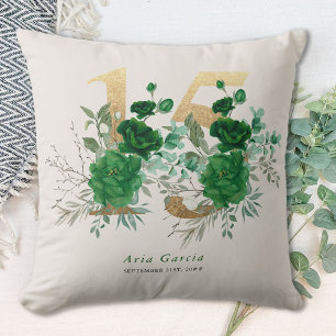 Almofada Quinceanera Esmeralda Verde Floral Dourado Número