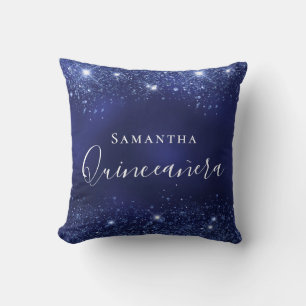 Almofada Quinceanera marinho azul-brilho nome de faíscas