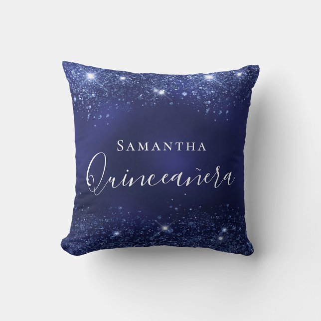 Almofada Quinceanera marinho azul-brilho nome de faíscas (Frente)