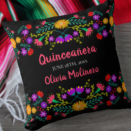 Almofada Quinceanera Mexicana Fiesta Flowers Black