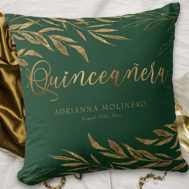 Almofada Quinceanera Personalizada com Folha Dourada Elegan (Personalized Emerald Green Quinceanera keepsake pillow from my Gold Leaf Quincea)
