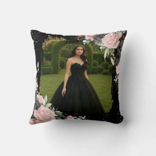 Almofada Quinceanera Preto e Rosa Bege Floral Foto