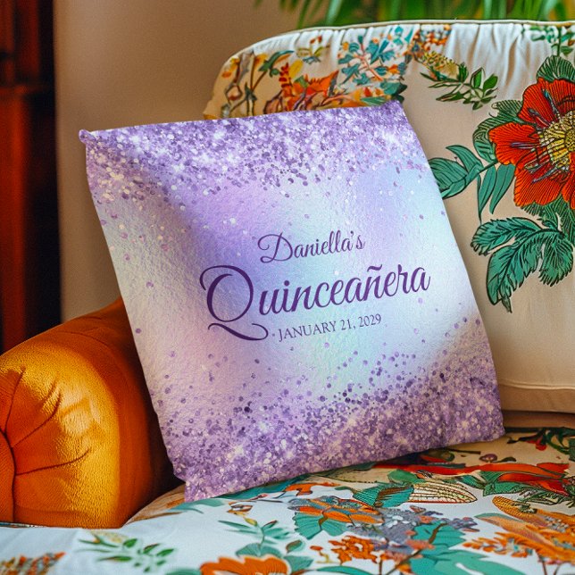 Almofada Quinceanera Puro Iridescente Pálido (Purple Glitter Pale Iridescent Quinceanera Throw Pillow)