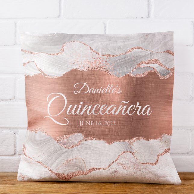 Almofada Quinceañera, Rosa de literia Dourada e agata branc (Glittery Rose Gold and White Agate Quinceañera Throw Pillow)