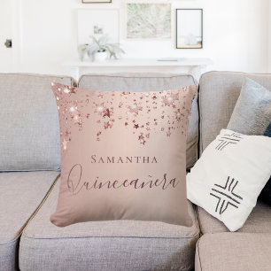 Almofada Quinceanera rosa dourada nome das estrelas cintila