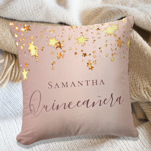 Almofada Quinceanera rosa dourada nome das estrelas cintila