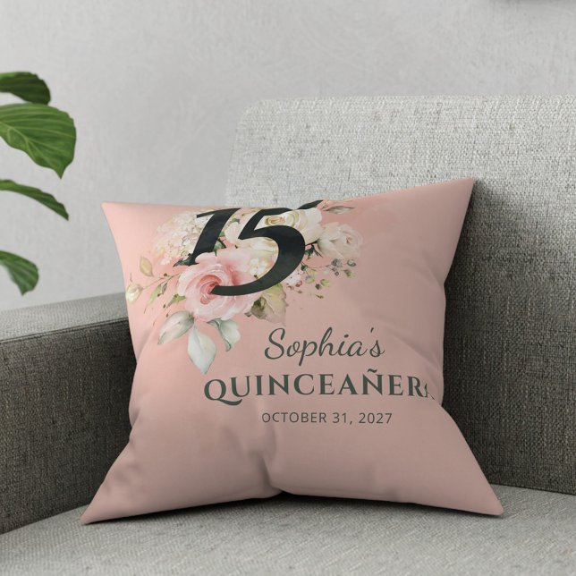 Almofada Quinceanera Rosa, Rústica Floral, 15, Aniversário (Floral Quinceanera Modern 15th Birthday Throw Pillow)
