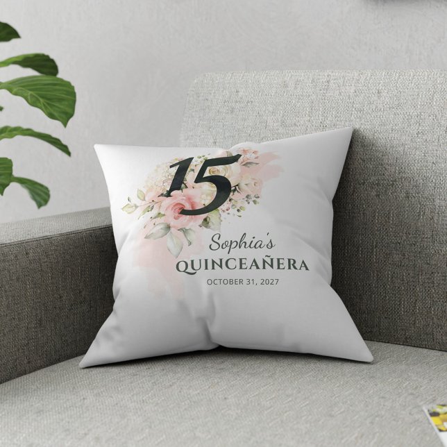 Almofada Quinceanera Rosa, Rústica Floral, 15, Aniversário (15th Birthday Quinceanera Pink Floral Throw Pillow)