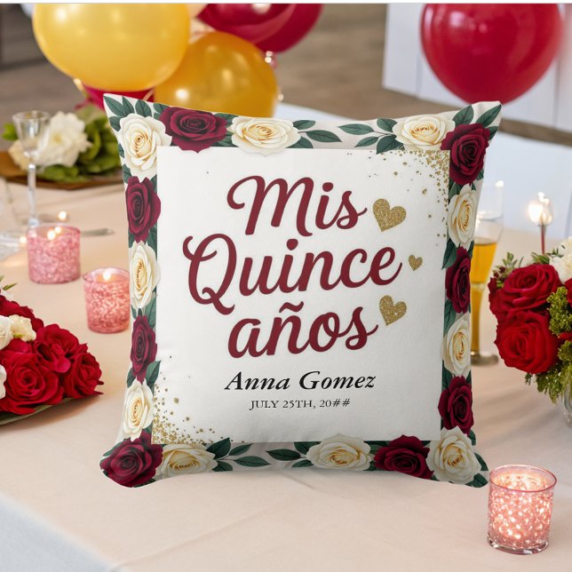 Almofada Quinceanera Rosa vermelha Personalizada Mis Quince (Criador carregado)