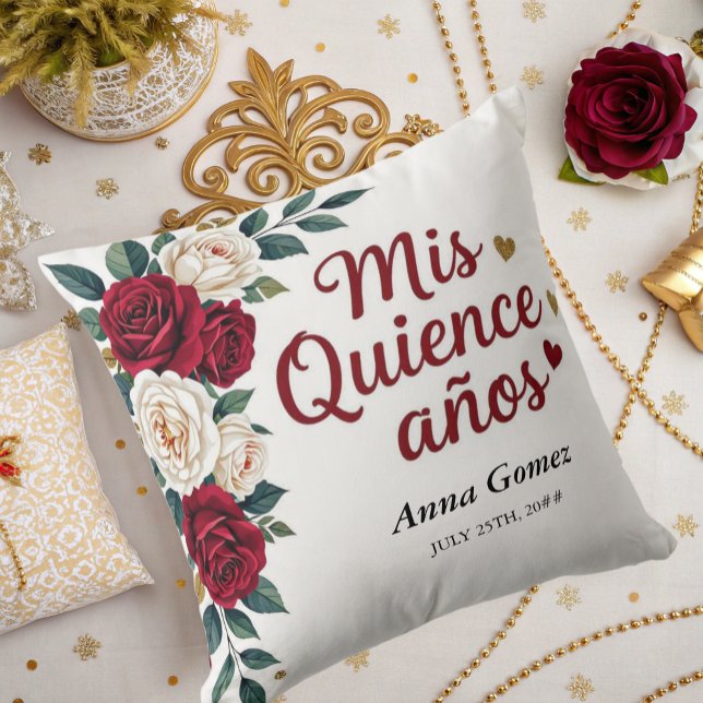 Almofada Quinceanera Rosa vermelha Personalizada Mis Quince (Criador carregado)