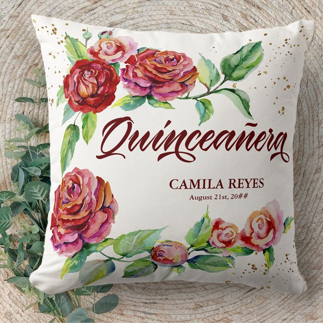 Almofada Quinceanera Vintage Rosas vermelhas Personalizadas (Criador carregado)