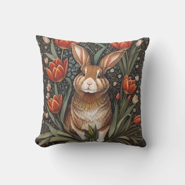 Almofada Rabbit vermelho Tulipas William Morris inspiradas (Frente)