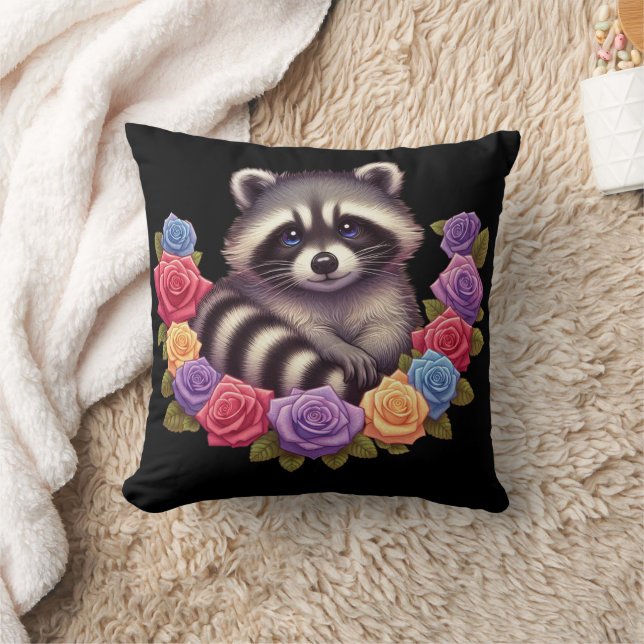 Almofada Raccoon cercado por Rosas Coloridos Vibrantes (Cobertor)