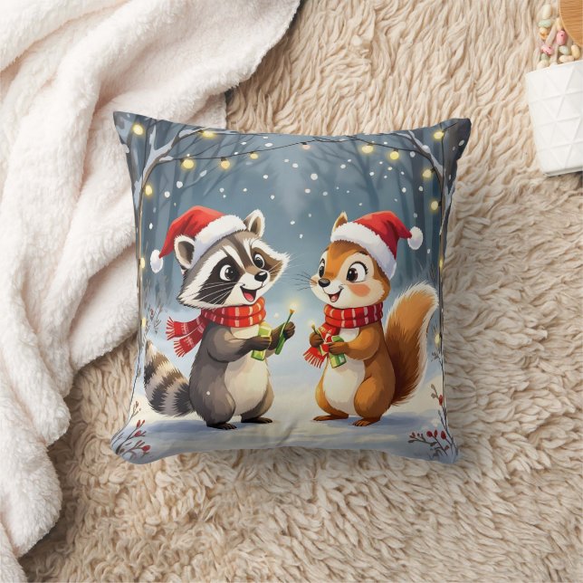 Almofada Raccoon e Esquilo Manchando Luzes de Natal (Cobertor)