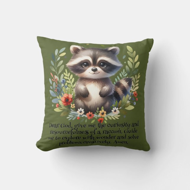 Almofada Raccoon Woodland Kids Christian Prayer em Verde | (Frente)