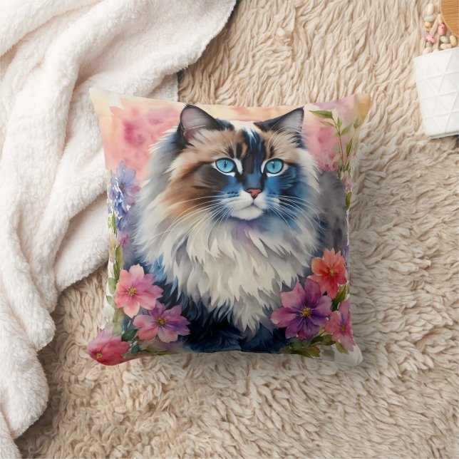 Almofada Ragdoll Cat Retrato Floral (Cobertor)