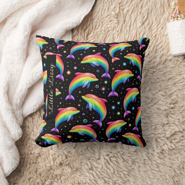 Almofada Rainbow Dolphin Throw Pillow – Customizable Name (Cobertor)