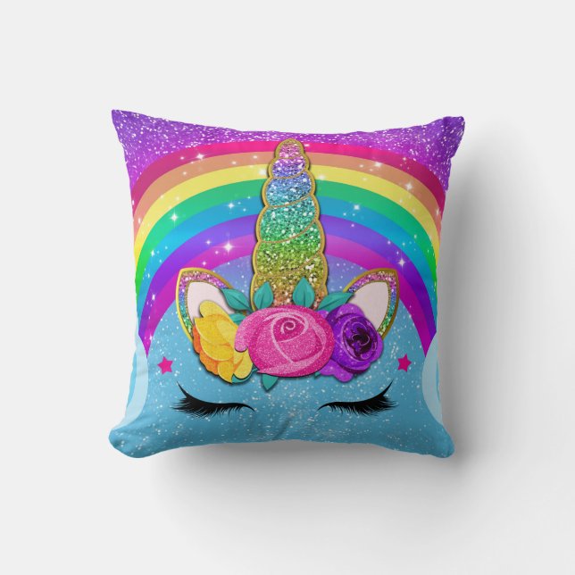 Almofada Rainbow Sparkle Glittery Unicorn Horn Face (Frente)