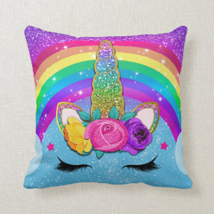 Almofada Rainbow Sparkle Glittery Unicorn Horn Face
