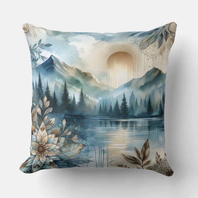 Almofada Rainer Day Watercolor Mountain Lake Rustic Boho (Frente)