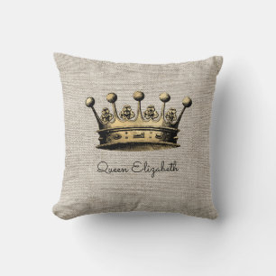 Almofada Rainha Elizabeth Custom Text Vintage Dourada Crown