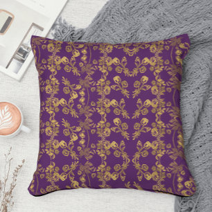 Almofada Raio Dourado Elegante Damask Floral em roxo