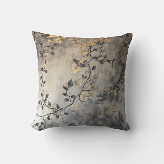 Almofada Ramais Dourados de Folha nas Cinzas (Frente)