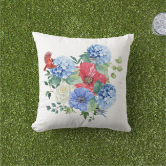 Almofada Ramalhete Floral Vermelho/Branco/Azul com Pássaros