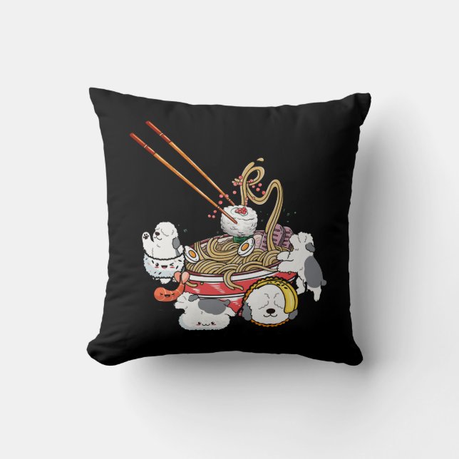 Almofada Ramen Sushi Old English Sheepdog Dog Comida Japone (Frente)