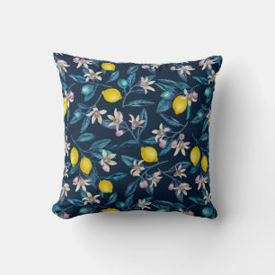 Almofada Ramos de limão com flores e fruta em azul