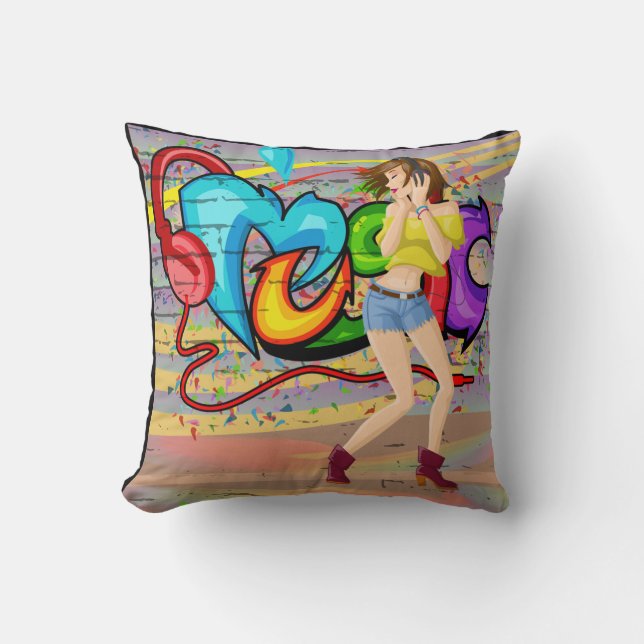 Almofada Rapariga Dançando Grafite de Música Fundo (Frente)