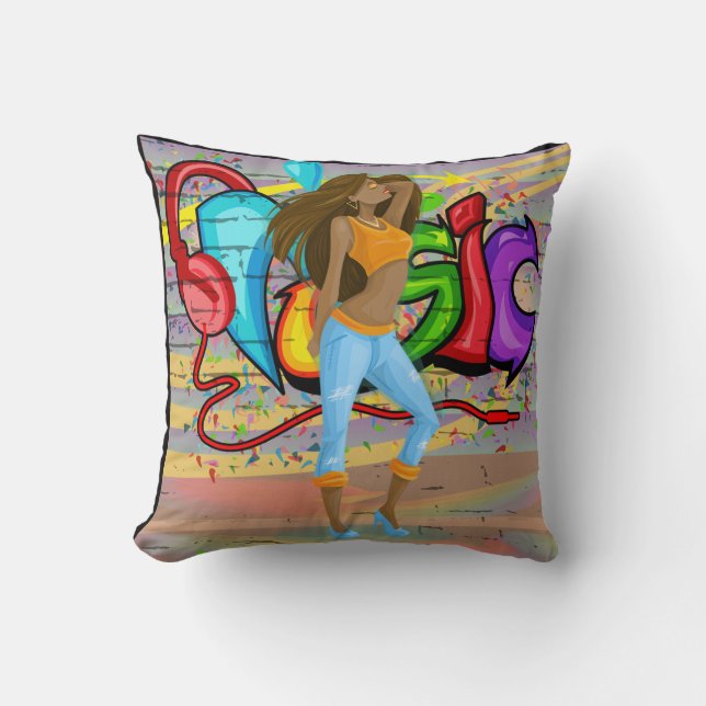 Almofada Rapariga Dançando Grafite de Música Fundo 2 (Frente)
