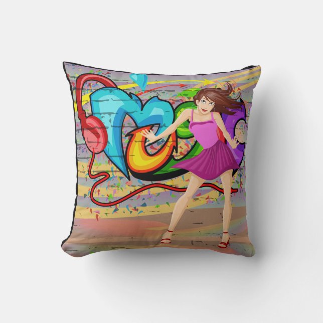 Almofada Rapariga Dançando Grafite de Música Fundo 4 (Frente)