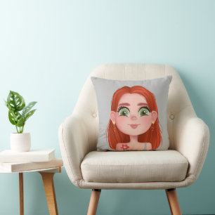Almofada Rapariga de desenho com cabelo vermelho e olhos ve