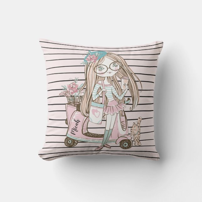 Almofada Rapariga e Gato com Patinete com Nome Personalizad (Frente)