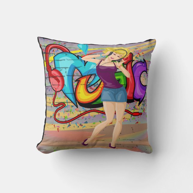 Almofada Rapariga Loura Dançando Música Graffiti Parede Fun (Frente)