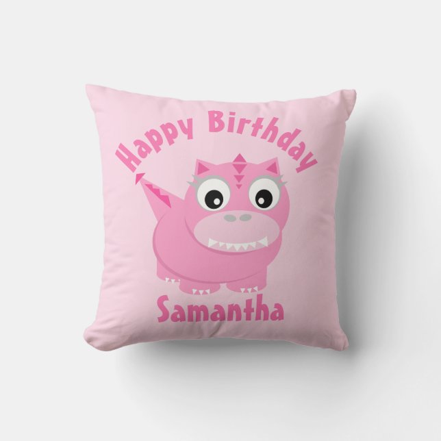 Almofada Rapariga Pink Dinossaur Cartoon Kids Nome Aniversá (Frente)