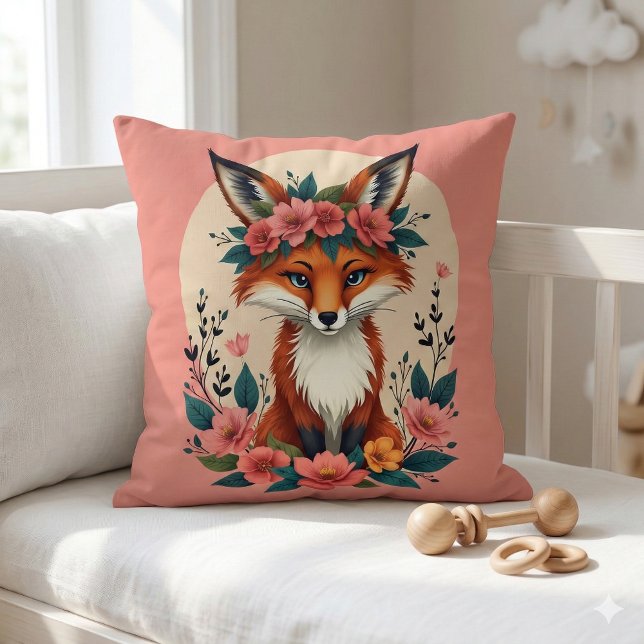 Almofada Raposa Boho Caprichosa com Coroa Floral da Florest (Whimsical Boho Fox with Floral Crown Woodland Throw Pillow Mockup A)