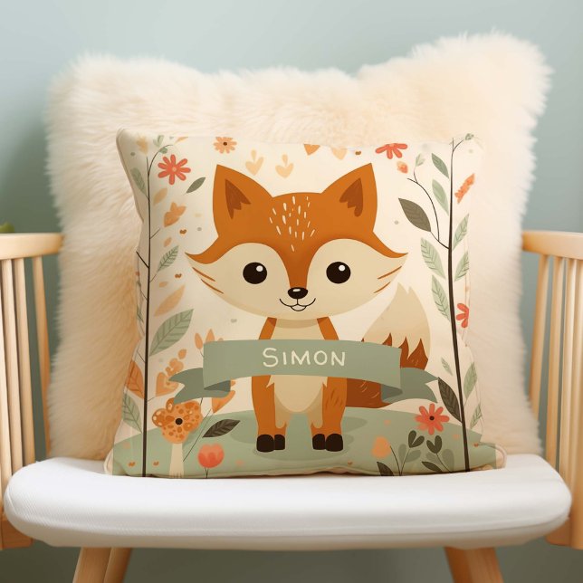 Almofada Raposa De Cana De Madeira, Bebês, Nome Personaliza (Gender Neutral Woodland Fox Nursery Pillow, personalized with name.)